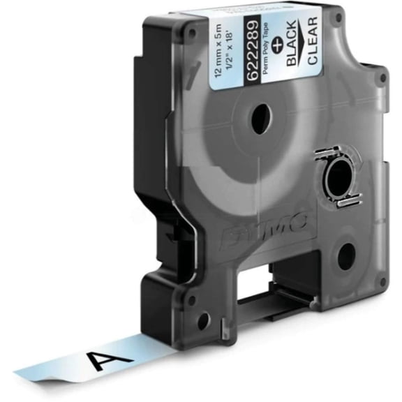 DYMO RhinoPRO Permanent Adhesive Polyester Fabric Thermal Transfer Label Tape, 1/2-inch (12 mm), Black Type on Clear, (622289)