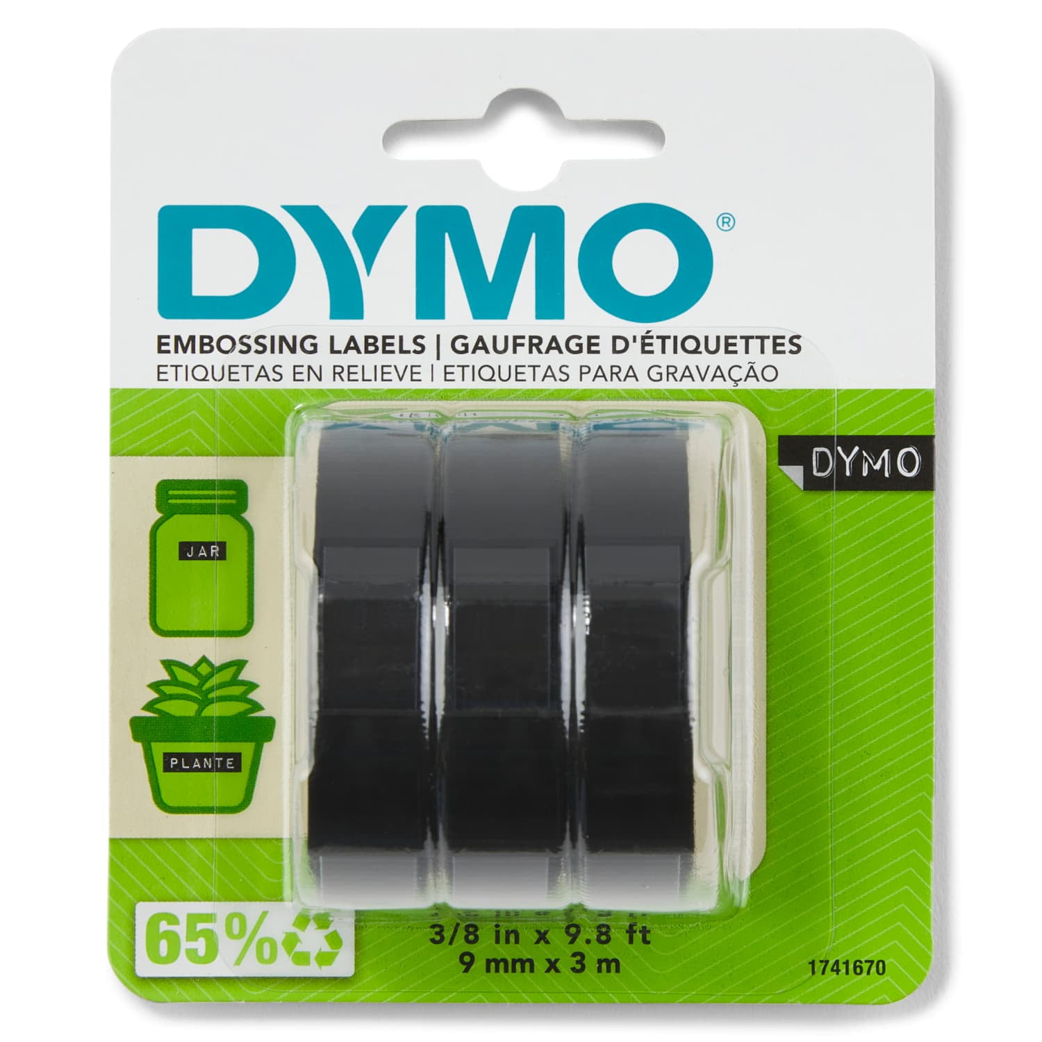 DYMO Self-Adhesive Embossing Labels, White Print on Black Tape, 3/8-Inch x 9.8-Foot Roll, 3 Pack