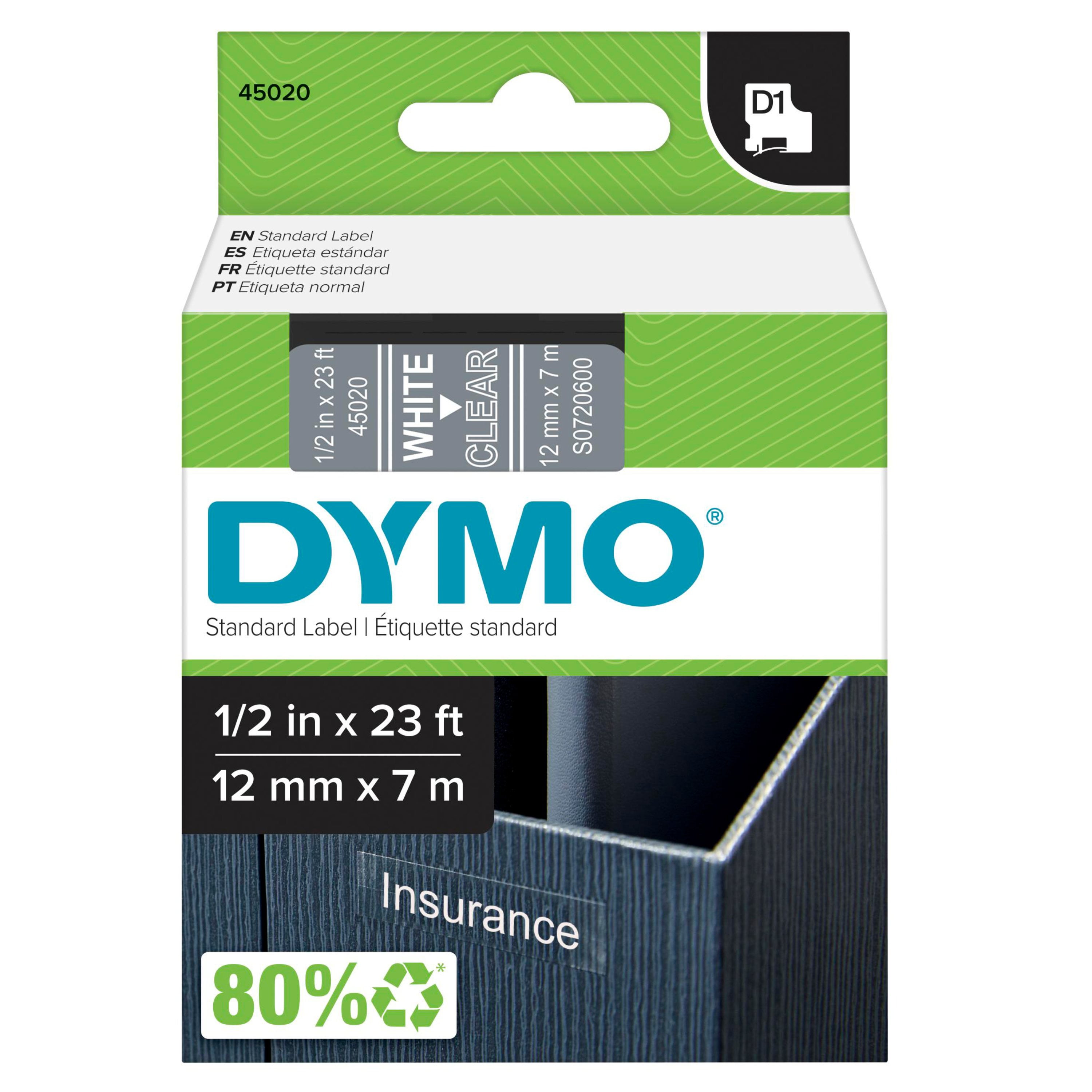 DYMO Standard D1 Labeling Tape for Label Makers, White Print on Clear, 1/2'' W x 23' L, 1 Count