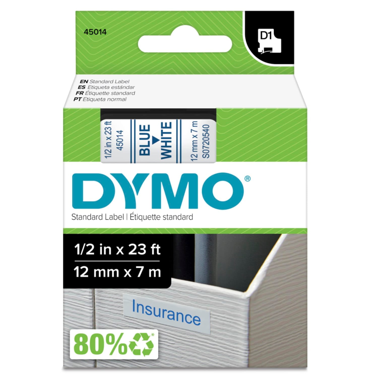 DYMO Standard D1 Labeling Tape for LabelManager Label Makers, Blue print on White tape, 1/2'' W x 23' L, 1 cartridge