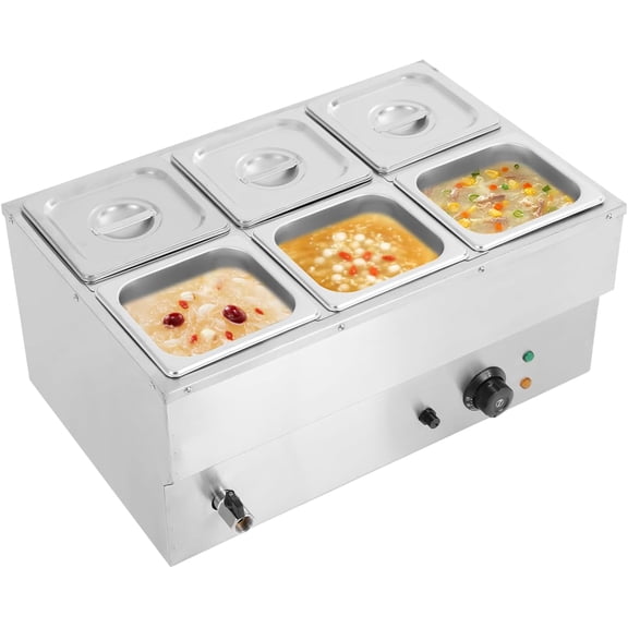 DYNAMI 110V 1500W Commercial Buffet Food Warmer,Large Capacity 6 Pan(6 * 2.3QT) Stainless Steel Electric Countertop Steam Table with Intelligent Thermostat Design,for Parties Buffet Catering