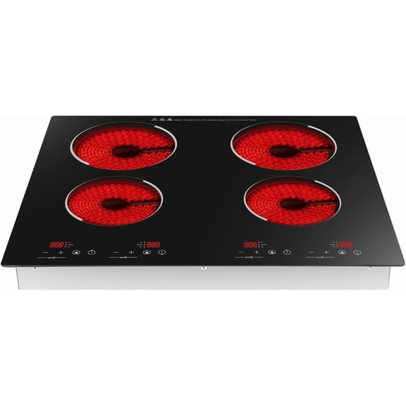 DYNAMI 4 Burner Electric Cooktop with LED Display,Electric Ceramic Stove Top,Countertop/Built-in Stove with 9 Power Levels,Overheat Protection,Waterproof and Oil-resistant,No Plug
