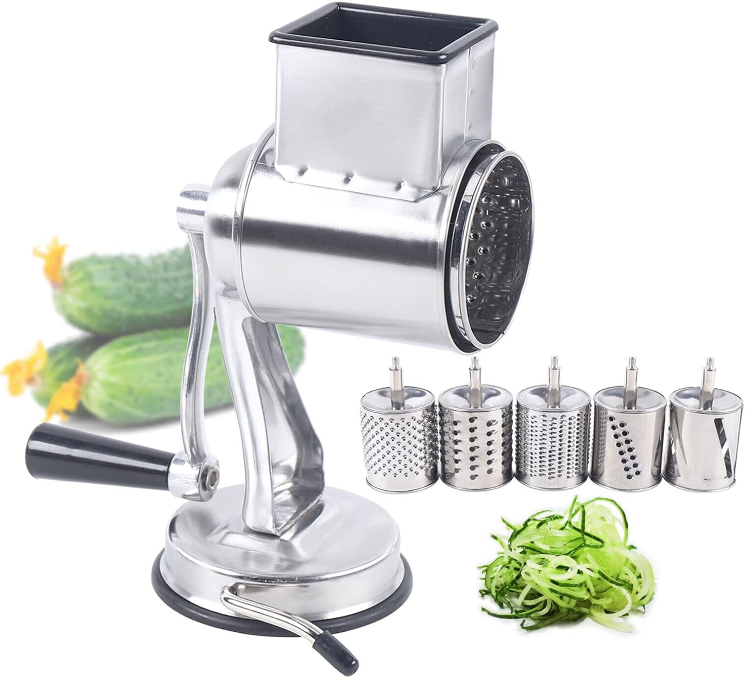 DYNAMI 5 in 1 Stainless Steel Rotary Grater,Kitchen Grater Vegetable Slicer,Cheese Rotary Chopper Food Mills With 5 Stainless Drum,for Home Kitchen Restaurant (Suction cup type,Silver)