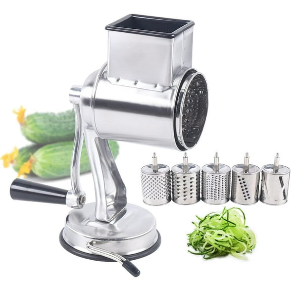 DYNAMI 5 in 1 Stainless Steel Rotary Grater,Kitchen Grater Vegetable Slicer,Cheese Rotary Chopper Food Mills With 5 Stainless Drum,for Home Kitchen Restaurant (Suction cup type,Silver)