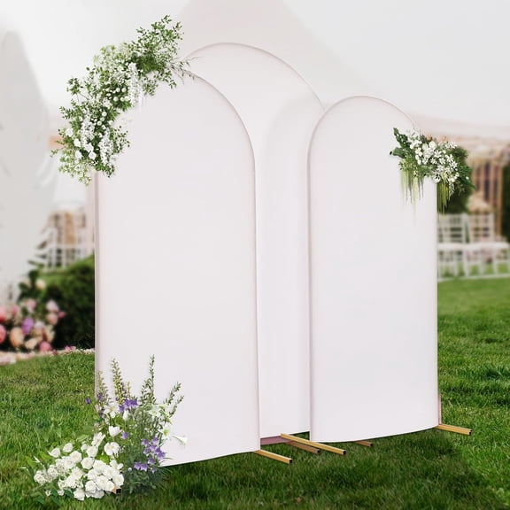 DYNAMI Set of 3 Metal Arch Backdrop Stand with Cover, Wedding Arch Stand 7.2ft+6.6ft+5.9ft Arched Backdrop Frame,for Birthday Party Graduation Ceremony Decoration (Gold Stand w/White Cover)
