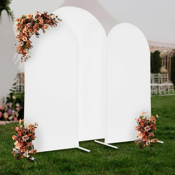 DYNAMI Set of 3 Metal Arch Backdrop Stand with Cover, Wedding Arch Stand 7.2ft+6.6ft+5.9ft Arched Backdrop Frame,for Birthday Party Graduation Ceremony Decoration (White Stand w/White Cover)