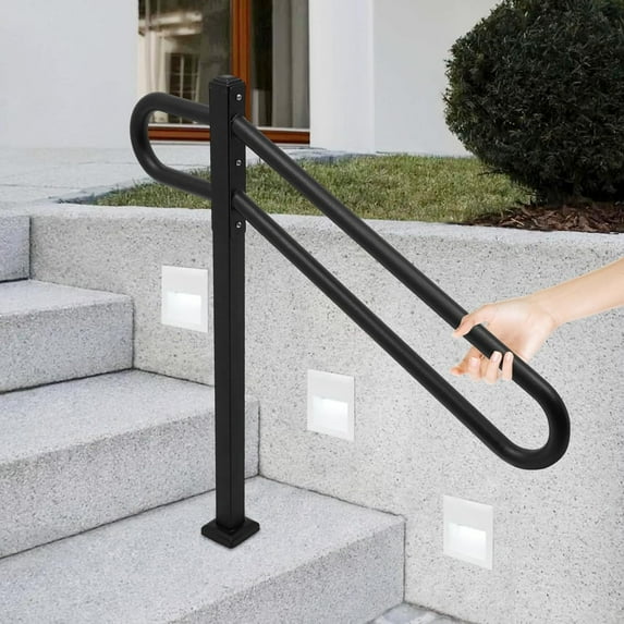 DYNAMI Single Post Handrail 28"-8.5"L X 35.5"H,Wrought Iron Metal Handrails for Outdoor 1-3 Steps,45 ° Slope U-shaped Tubes Stair Railing for Garage, Porch, Entrance (Black)