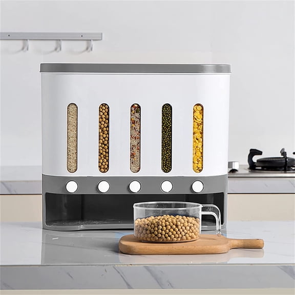 DYNAMI Wall Mounted Dry Food Dispenser,5 Grid 20 Pounds Cereal Dispenser with Cup,Large Capacity Dry Food Storage Box For Home and Kitchen