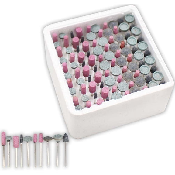 DYNAMIC 100 Piece Grinding Stones Assortment | 1/8" (0.3 cm) Shank | Gray & Pink | Shapes Include Round, Flat-top, Bullet, & More | Rotary Tool Compatible