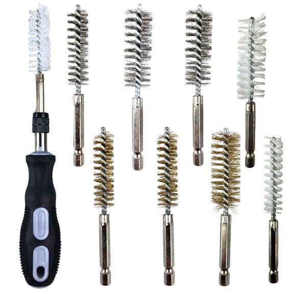 DYNAMIC 9 Pc. Boar Brush Set Steel, Brass & Nylon Brushes 3 Sizes: 1.9 cm, 1.6 cm, 1.3 cm Ergonomic 5.5" 14 cm Handle Secure Click-in Design