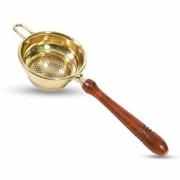 DYNAMIC INDIAN ART Medium Brass Strainer | Easy to Use | Perfect for Tea and Coffee with Long Handle for Firm Grip and Easy Straining | Medium Wooden Handle Strainer