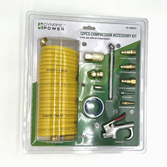 DYNAMIC POWER 12-Piece Air Compressor Accessory Kit  Includes Yellow Hoses, Fittings, Coupler, Plug, Needle, Nozzle, Tire Gauge, Air Blow Gun, and Air Hose. DP-498367