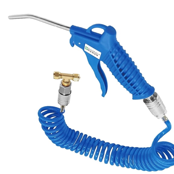 DYNAMIC POWER Heavy Duty Air Duster Gun Kit, High Flow Blow Gun with 120mm Steel Nozzle, 16ft PU Coil Air Hose, 1/4" Industrial Quick Coupler & Plug, T-Shape Adaptor with Auto Shut-Off Valve. DP16-4
