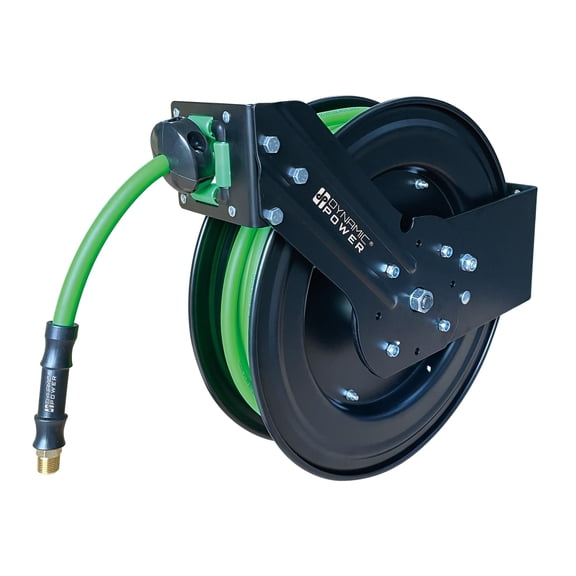 DYNAMIC POWER Heavy-Duty Hose Reel with 3/8" x 50ft Hybrid Industrial-Grade Air Hose Auto-Retract & Auto-Latch Mechanism, 300 PSI. DP-HL-03050V