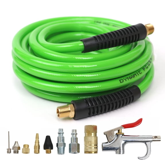 DYNAMIC POWER Polyurethane (PU) Braided Air Hose 1/4" X 25 Ft plus 10 pcs Air Compressor Accessories KIT, 200 PSI.