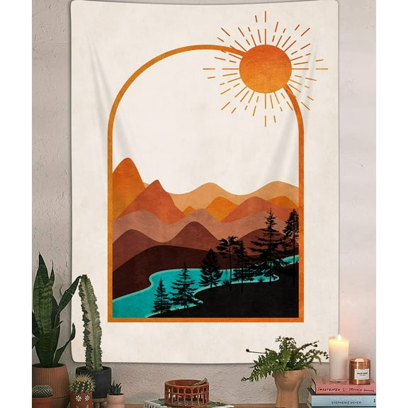 DYNH Bohemian Mountain Tapestry, Retro Nature Sunset Wall Hanging with Sun River Forest, Aesthetic Decor for Bedroom, Living Room, Dorm – Warm Bohemian Art for Home & Outdoor,40X60IN