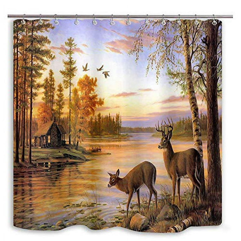 DYNH Elk Shower Curtain Animals Theme Deer Safair in Stream River at Forest Sunset Shower Curtain Fabric Bathroom Decor Accessories Bath Curtains