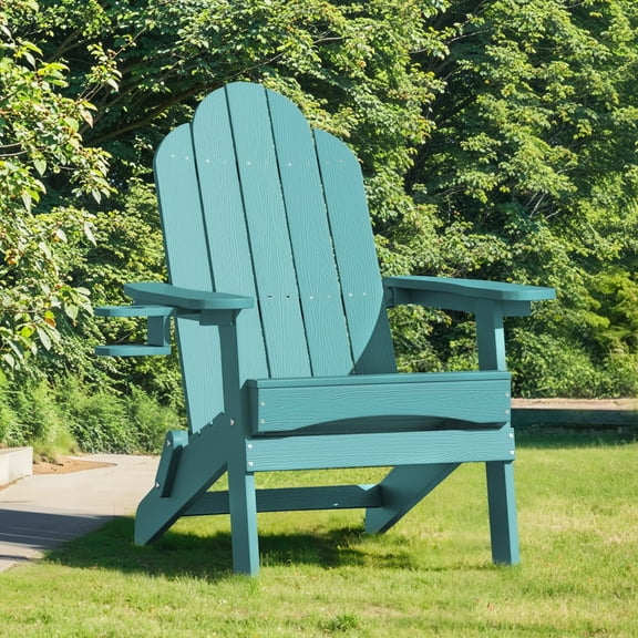 Dycanpo Folding Adirondack Chair, Fire Pit Patio Garden Chair with Cup Holder, Blue Turquoise