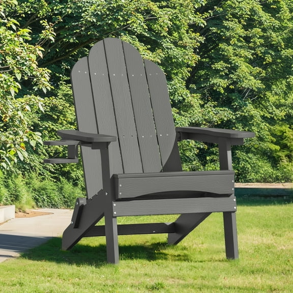 Dycanpo Folding Adirondack Chair,Fire Pit Patio Garden Chair with Cup Holder,Dark Gray