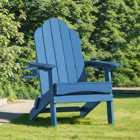 Dycanpo Folding Adirondack Chair, Fire Pit Patio Garden Chair with Cup Holder, Navy Blue