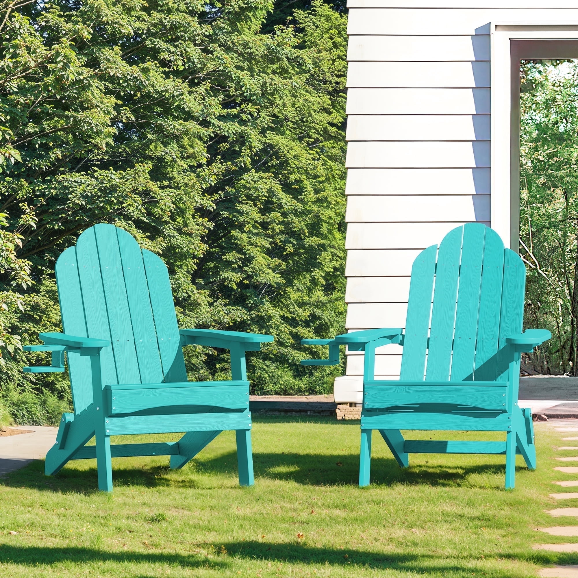 Dycanpo Folding Adirondack Chair Set of 2,Fire Pit Patio Garden Chair with Cup Holder, Aruba Blue