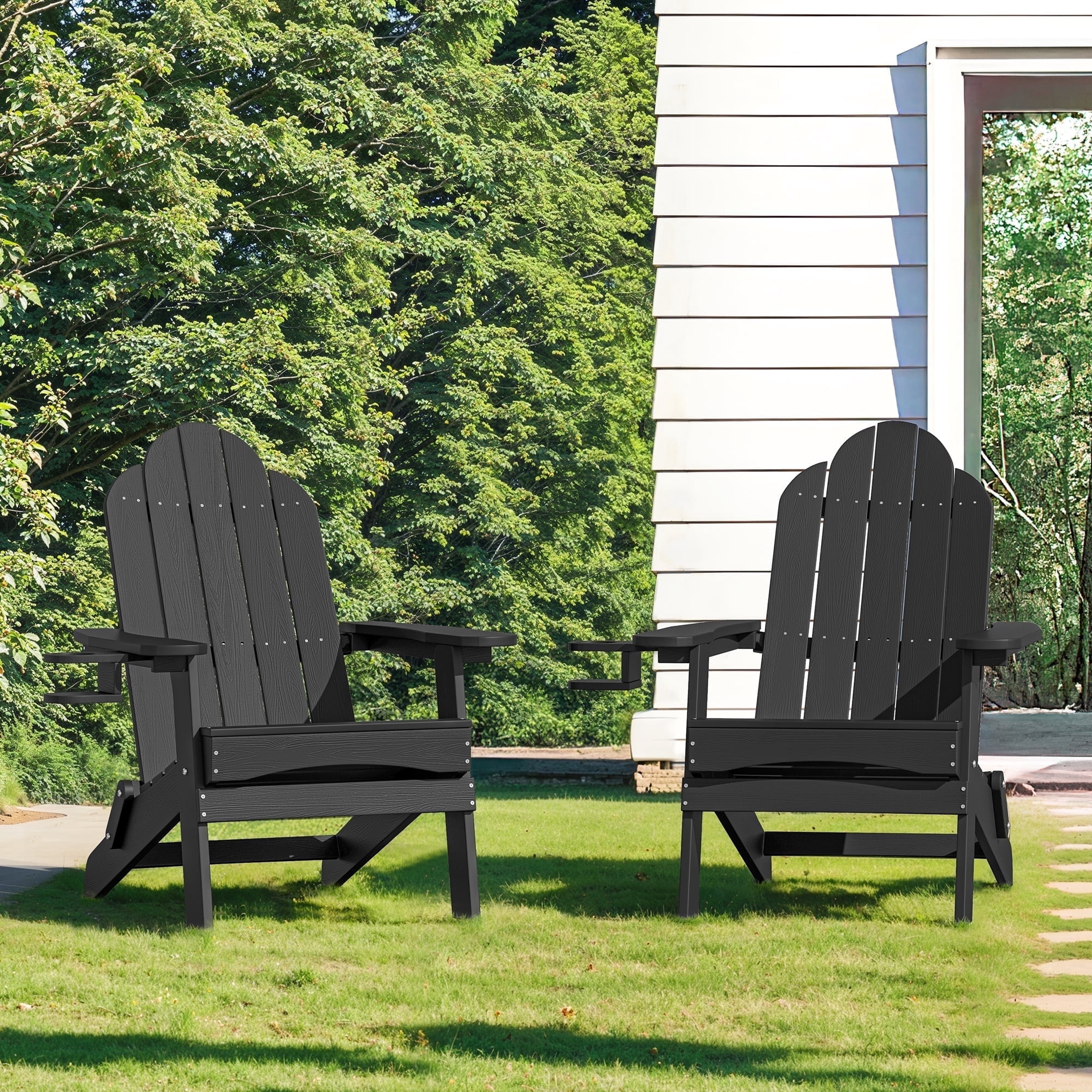 Dycanpo Folding Adirondack Chair Set of 2, Fire Pit Patio Garden Chair with Cup Holder, Black