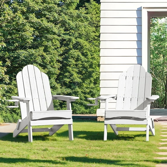 Dycanpo Folding Adirondack Chair Set of 2,Fire Pit Patio Garden Chair with Cup Holder, White