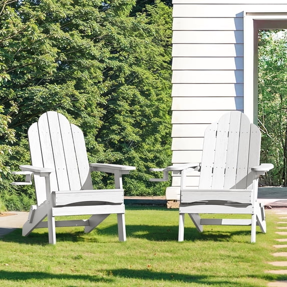 Dycanpo Folding Adirondack Chairs Set of 2, Weather Resistant HDPE Patio Garden Lounge Chair with Cup Holder, White