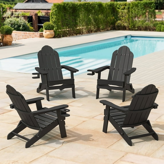 Dycanpo Folding Adirondack Chair Set of 4, Fire Pit Patio Garden Chair with Cup Holder, Black