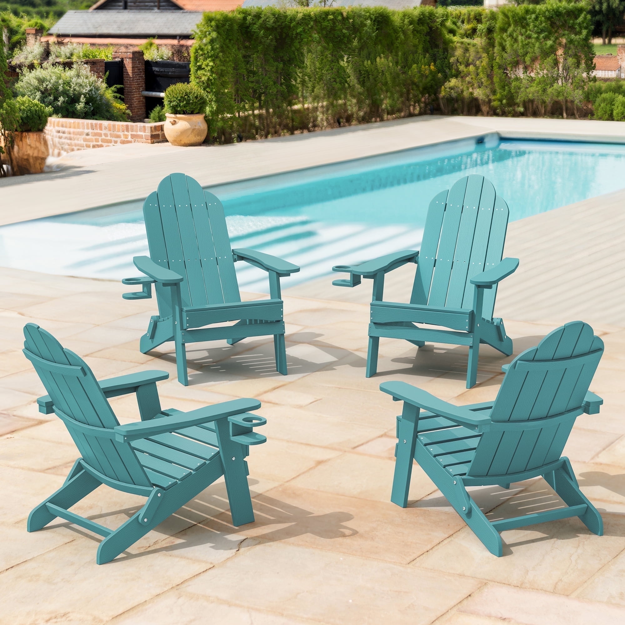 Dycanpo Folding Adirondack Chair Set of 4, Fire Pit Patio Garden Chair with Cup Holder, Blue Turquoise