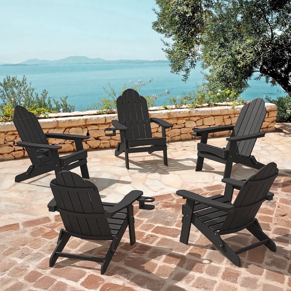 Dycanpo Folding Adirondack Chair Set of 5, Fire Pit Patio Garden Chair with Cup Holder, Black