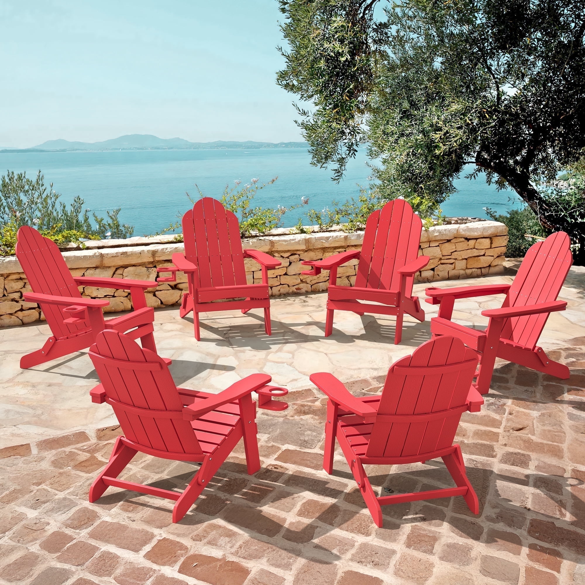 Dycanpo Folding Adirondack Chair Set of 6, Fire Pit Patio Garden Chair with Cup Holder, Bright Red