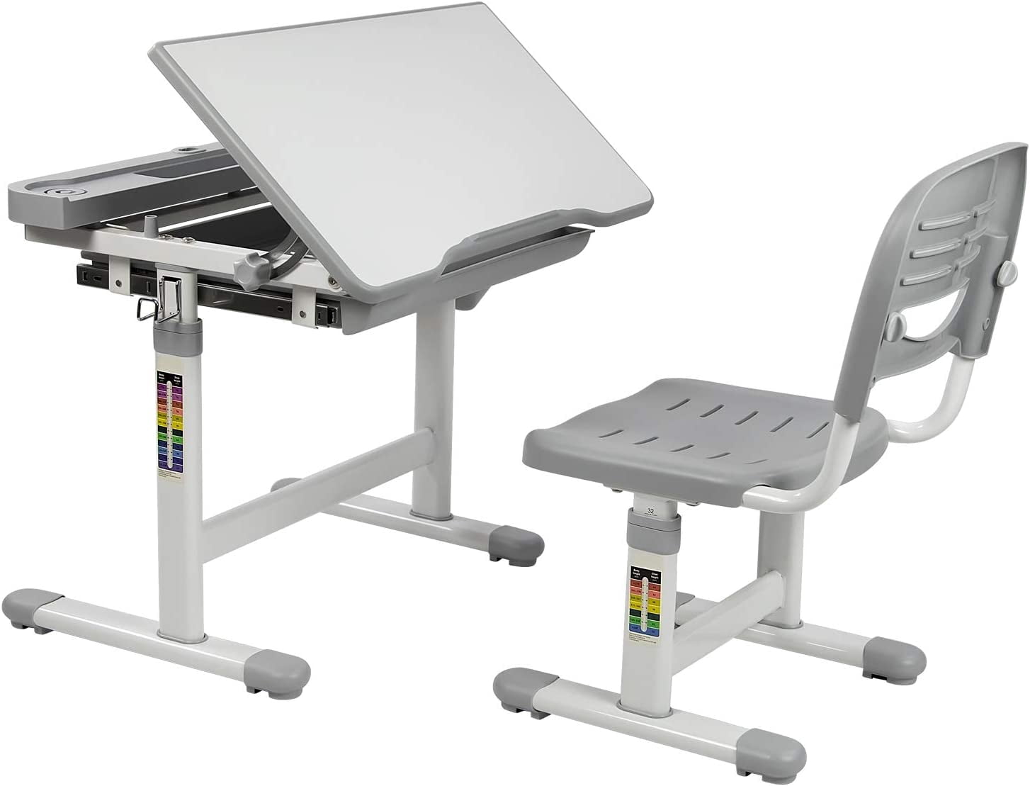 DYPDM Desk and Chair Set Height Adjustable Ergonomic Children's School Workstation with STORAGE Drawer Grey (Grey)