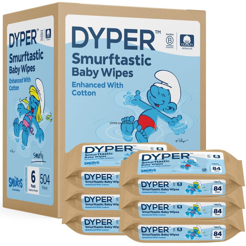 DYPER Cotton-Enhanced Baby Wipes Smurfs Edition, 6 Pack, 504 Count