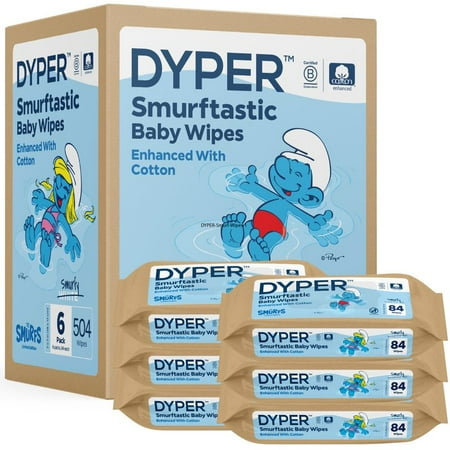 DYPER Cotton-Enhanced Baby Wipes Smurfs Edition, 6 Pack, 504 Count