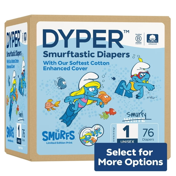 DYPER Cotton-Enhanced Diapers Smurfs Edition, Size 1, 76 Count (Select for More Options)