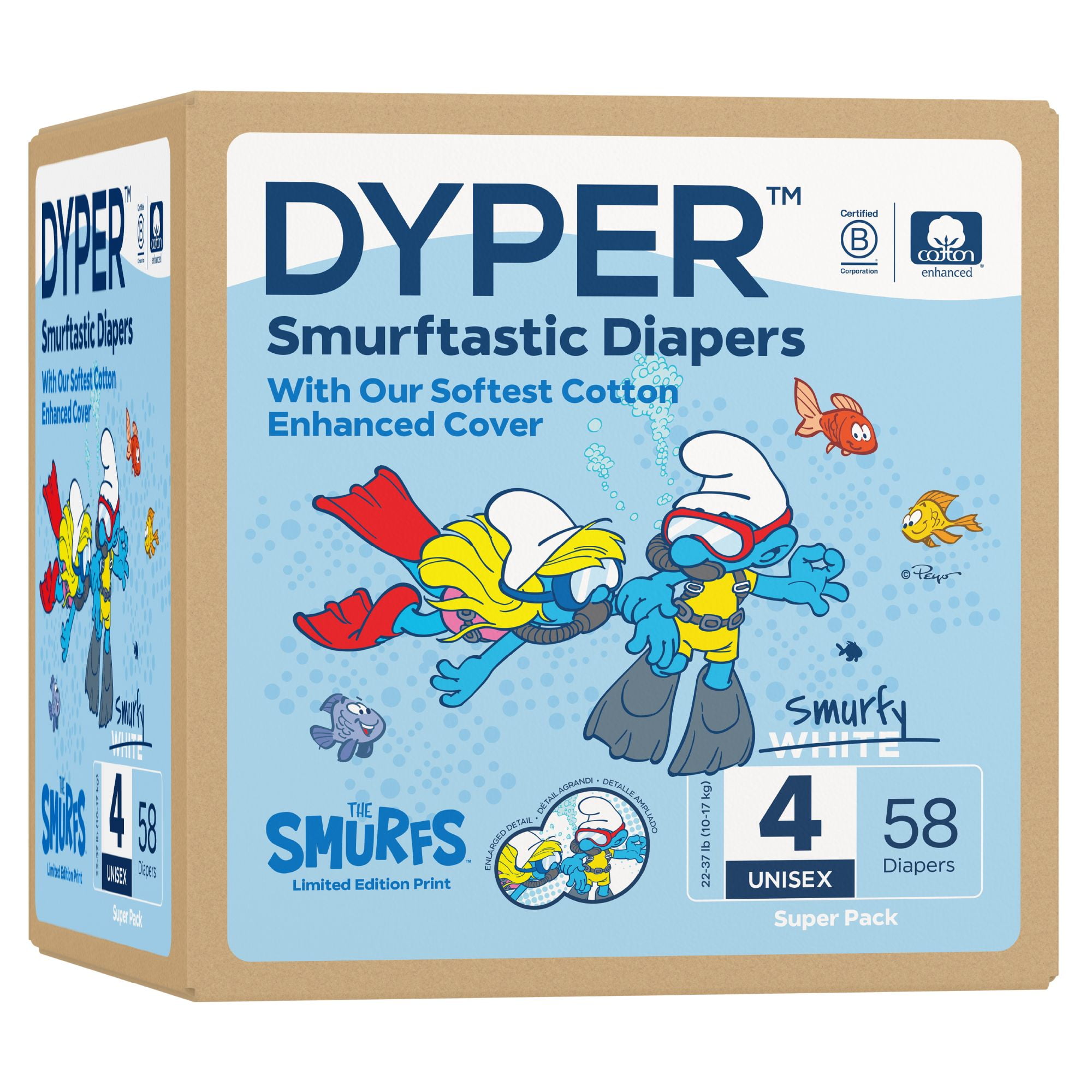 DYPER CottonEnhanced Diapers Smurfs Edition, Size 4, 58 Count (Select