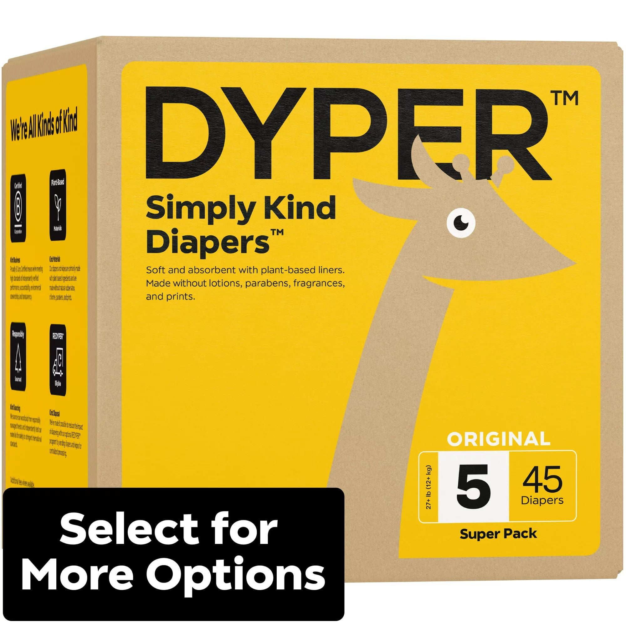 DYPER Simply Kind Diapers, Remarkably Soft, Size 5, 45 Count (Select For More Options)