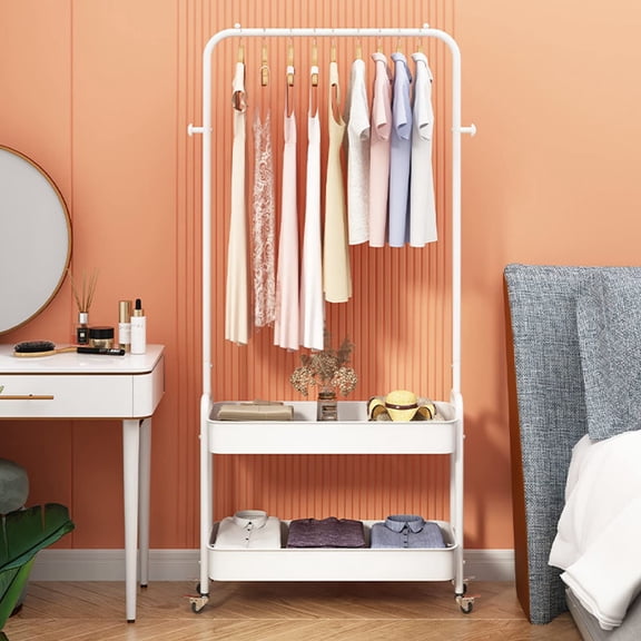DYRABREST 2 In 1 Rolling Garment Rack, Clothing Rack with 2 Tier Metal Basket Clothes Organizer Rack Laundry Cart with Hanging Rack for Home Bedroom (White)