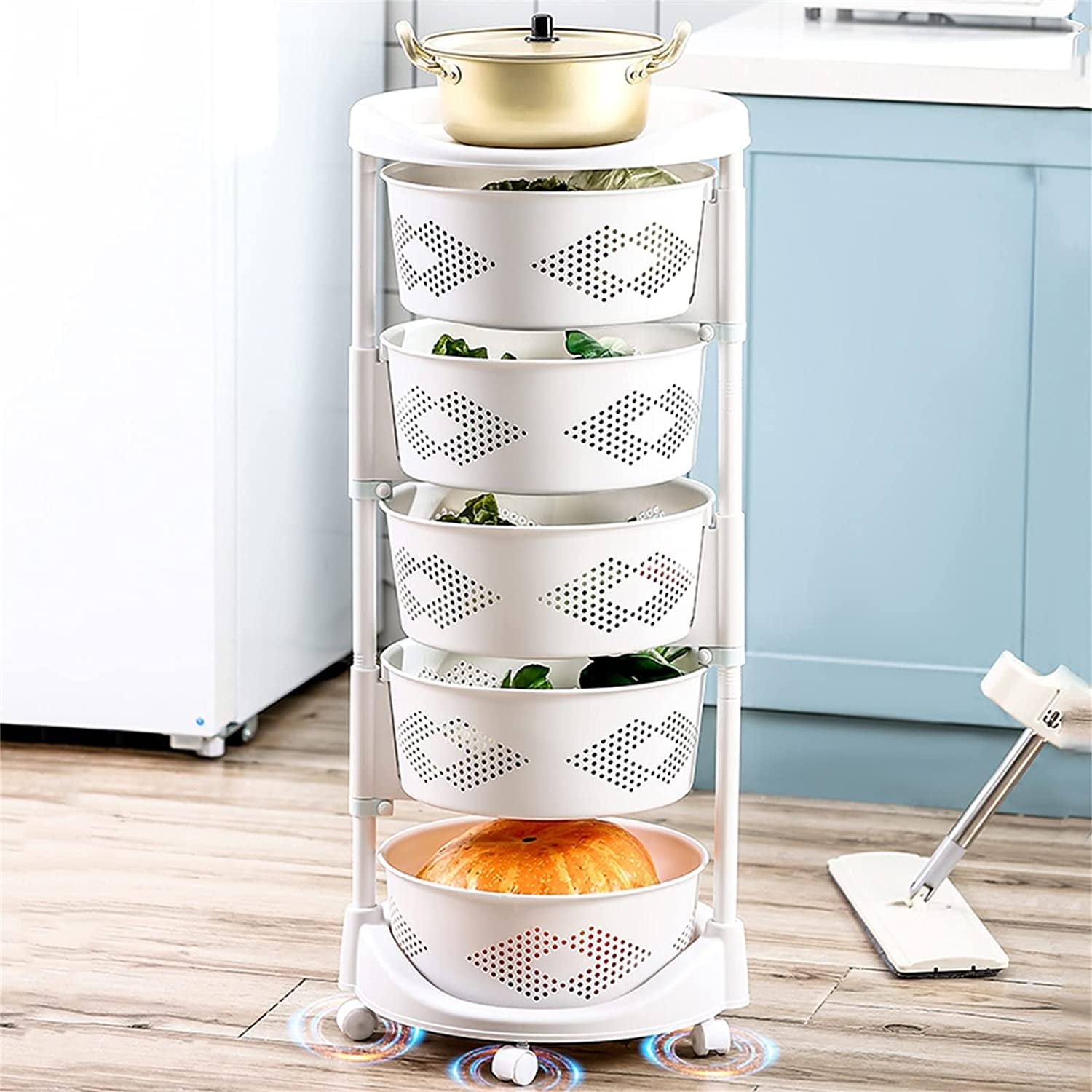 DYRABREST 5-Tier White Kitchen Vegetable Rotating Shelf Organizer With ...
