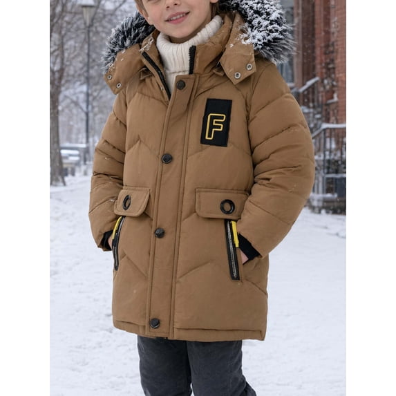 DYTTDG Boys Winter Hooded Puffer Jacket With Button, Zipper Closure & Multi Pockets, Suitable for Fall/Winter Daily Outerwear