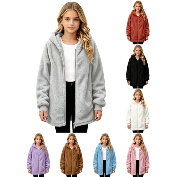 DYTTDG Girls Fuzzy Fleece Zip‑Up Hooded Jacket, Long Sleeve Solid Color Casual Outerwear with Side Pockets, Loose Fit Coat for Fall Winter Daily School Outdoor Travel Wear