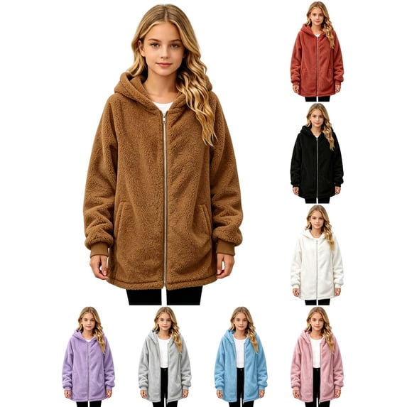DYTTDG Girls Fuzzy Fleece Zip‑Up Hooded Jacket, Long Sleeve Solid Color Casual Outerwear with Side Pockets, Loose Fit Coat for Fall Winter Daily School Outdoor Travel Wear