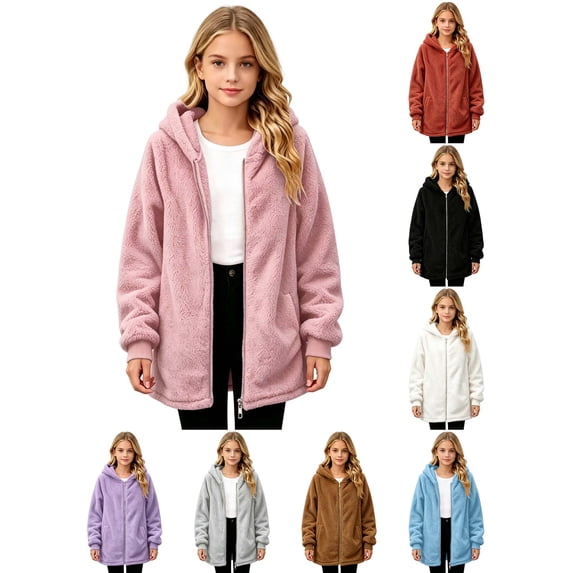 DYTTDG Girls Fuzzy Fleece Zip‑Up Hooded Jacket, Long Sleeve Solid Color Casual Outerwear with Side Pockets, Loose Fit Coat for Fall Winter Daily School Outdoor Travel Wear