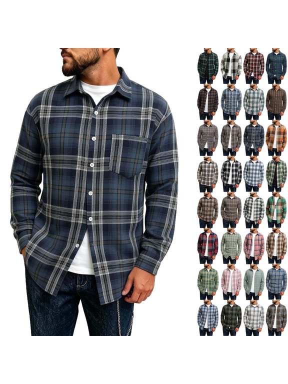 Men's Collared Long Sleeve Plaid Flannel Shirt, Button Down Loose Casual Checkered Top Lightweight Layer Jacket for Daily Outdoor Wear