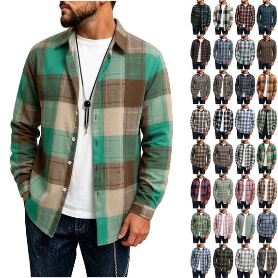 DYTTDG Men's Collared Long Sleeve Plaid Flannel Shirt, Button Down Loose Casual Checkered Top Lightweight Layer Jacket for Daily Outdoor Wear