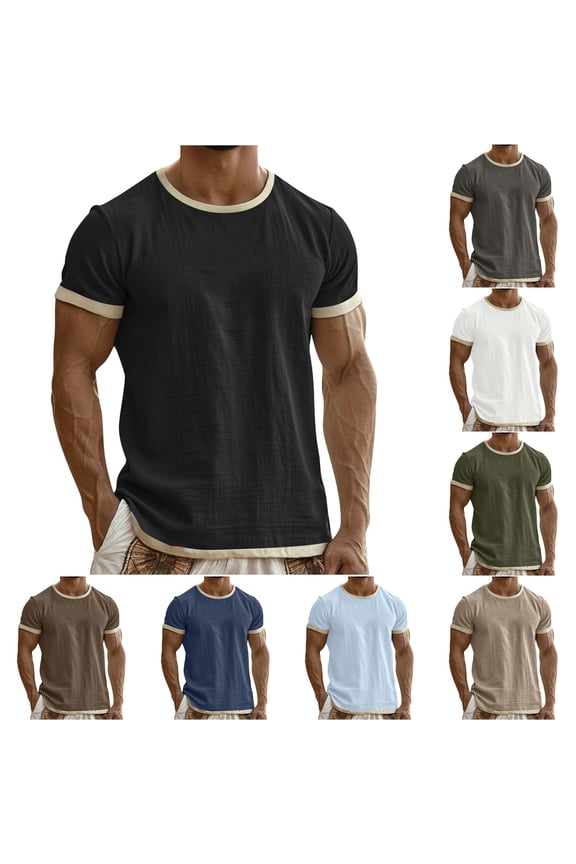 Men's Cotton Linen Ringer T-Shirt, Short Sleeve Crew Neck Casual Tee, Solid Color Summer Lightweight Top (S-3X)