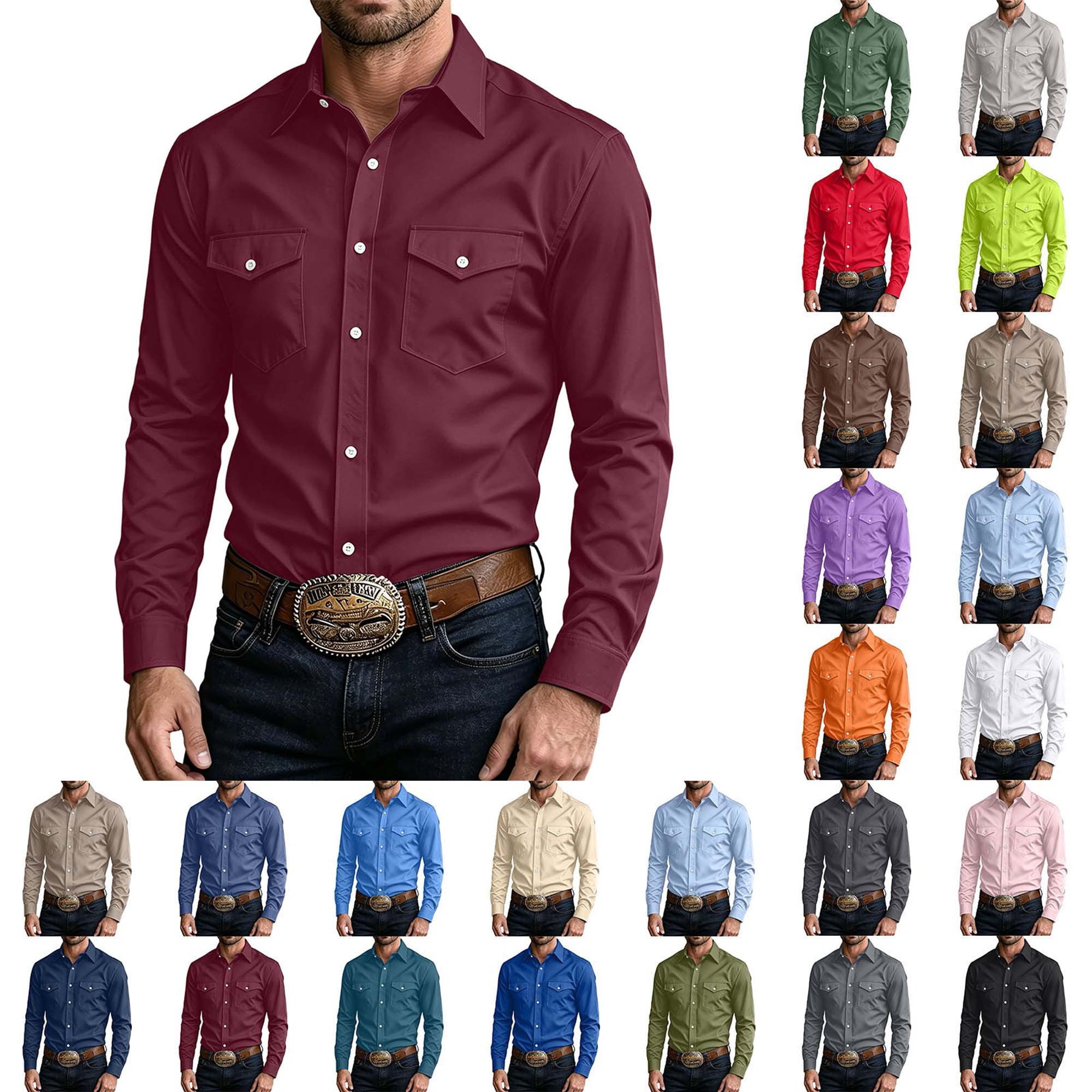 DYTTDG Men's Dual Chest Pocket Lapel Western Shirt, Solid Long Sleeve ...