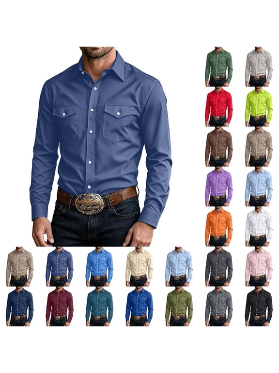 Men's Dual Chest Pocket Lapel Western Shirt, Solid Long Sleeve Button Up Regular Fit Casual Business Work Top