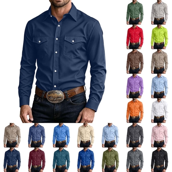 DYTTDG Men's Dual Chest Pocket Lapel Western Shirt, Solid Long Sleeve Button Up Regular Fit Casual Business Work Top